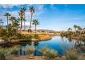 Scenic view of a pond surrounded by palm trees and desert vegetation with mountain views at 4963 Pensier St, Las Vegas, NV 89135