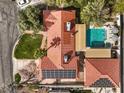 Aerial view of a residence featuring a backyard pool, lush green lawn, and solar panels, highlighting the property's attractive features at 4170 Ridgecrest Dr, Las Vegas, NV 89121