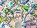 Overhead view of a residential neighborhood, highlighting the single story home, landscaping, and pool at 3365 Badura Ave, Las Vegas, NV 89118