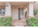 Inviting front entrance featuring a secure door, decorative columns, and well-maintained landscaping at 9788 Altadena St, Las Vegas, NV 89183