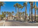 Gated entrance to the Serenade Palms Condominium Homes, lined with mature palm trees on a clear day at 8000 Badura Ave # 1020, Las Vegas, NV 89113