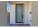 Exterior view of the covered entryway and blue-gray front door at 10122 Mystic Falls Dr, Las Vegas, NV 89141