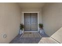 Inviting front porch with double doors, decorative plants, and a welcome mat at 4310 Lailah Skye Ave, Las Vegas, NV 89141