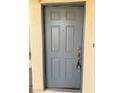Classic gray front door with detailed panels and traditional hardware at 2431 Lilac Cove St, Las Vegas, NV 89135