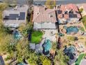 Aerial view of a property with a pool, spa, well manicured yard and covered patio at 4481 Grey Spencer Dr, Las Vegas, NV 89141