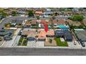 Aerial view showcases this single-Gathering house with a refreshing backyard pool at 325 Greenfield Ln, Las Vegas, NV 89107