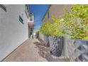 Landscaped side path with large potted plants leading to the backyard of the modern home at 3264 Monte Luna Ave, Henderson, NV 89044
