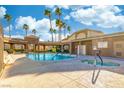 Community swimming pool and hot tub surrounded by palm trees and lounge chairs at 7061 Roscoe Ave # 201, Las Vegas, NV 89129