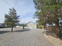 View of the front yard featuring desert landscaping, trees and a glimpse of the home at 901 E Jaybird St, Pahrump, NV 89048