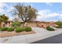 Inviting home featuring well-manicured desert landscaping, mature tree and a two-car garage at 6138 Equine Ave, Las Vegas, NV 89122