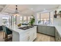 Modern kitchen with a large island, green cabinets, and stainless steel appliances at 8324 Slate Harbor Cir, Las Vegas, NV 89128