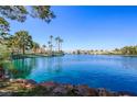 Scenic view of a tranquil lake surrounded by lush greenery, palm trees, and beautiful residential homes at 3151 Soaring Gulls Dr # 2113, Las Vegas, NV 89128