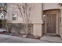 A brown front door with side garden, walkway, and outdoor light fixture at 1457 Summer Glow Ave, Henderson, NV 89012