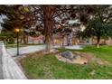 Well-kept front yard features lush green grass, mature trees, and elegant outdoor lighting at 5501 Painted Sunrise Dr, Las Vegas, NV 89149