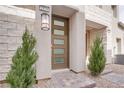 Inviting front entrance with modern door, stone accents, and landscaped greenery at 600 N Carriage Hill Dr # 2174, Las Vegas, NV 89138