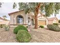 Inviting front yard with lush landscaping, rock features, and a mature shade tree at 672 Hitchen Post Dr, Henderson, NV 89011
