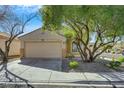 Charming single-story home with a two-car garage, mature trees, and desert landscaping at 11053 Cusumano Ct, Las Vegas, NV 89141