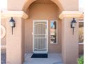 Inviting front entryway showcasing a decorative security door, stylish sconces, and a tiled walkway at 11009 Hawk Valley Ave, Las Vegas, NV 89134