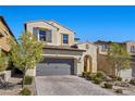 Charming two-story home boasts a neutral color palette, tile roof, and a paved driveway and walkway at 11826 Corenzio Ave, Las Vegas, NV 89138