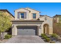 Charming two-story home boasts a neutral color palette, tile roof, and a paved driveway and walkway at 11826 Corenzio Ave, Las Vegas, NV 89138