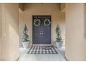 Elegant double front doors adorned with wreaths, complemented by potted plants and a stylish welcome mat at 8220 Tursi Lodge Ct, Las Vegas, NV 89131