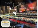 Unit view of the Signature at MGM Grand Condo-Hotel overlooking the racetrack with fireworks at 125 E Harmon Ave # 2318, Las Vegas, NV 89109
