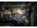 Aerial view of backyard oasis featuring a sparkling swimming pool, mature landscaping, and privacy at 10725 Bernini Dr, Las Vegas, NV 89141