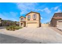 Inviting two-story home showcasing neutral color scheme, neat landscaping, and ample driveway parking at 824 Bussora Rose Dr, Henderson, NV 89015