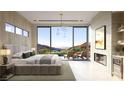Bright main bedroom boasts a fireplace, modern light fixture, and a balcony with scenic views at 6 Harlow View Ct # 18, Henderson, NV 89012