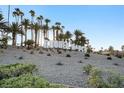 Landscaped Rhodes Ranch community entrance sign with palm trees, bushes, and desert flora under a clear sky at 319 Fox Lake Ave, Las Vegas, NV 89148