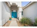 Bright blue double front doors offer a vibrant welcome to this well maintained home at 3491 Cottage Thistle Dr, Laughlin, NV 89029