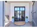 Elegant double front doors with glass panels, flanked by planters and a welcome mat at 9 Greely Club Trl, Henderson, NV 89052