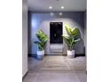 Modern hallway with gray walls and tiled floors, with plants on either side of a mirrored door at 4381 W Flamingo Rd # 5502, Las Vegas, NV 89103