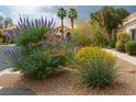 Landscaped yard featuring drought-resistant plants, gravel, and a blooming variety of flowers and shrubs at 9532 Calico Garden Ave, Las Vegas, NV 89134
