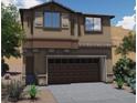 Inviting home featuring a two-car garage, classic shutters, and attractive desert landscaping at 8412 Sycamore Creek St, Las Vegas, NV 89113