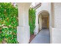 Arched entryway leading to the front door, framed by lush greenery and textured stucco pillars at 10235 Headrick Dr, Las Vegas, NV 89166
