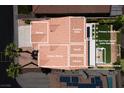 Birds-eye view of home layout showing garage, patios, suites, living, Gathering, and kitchen areas at 191 Reed Ln, Henderson, NV 89074
