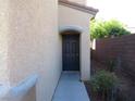 An entryway featuring a dark front door with stone trim, situated next to a side yard at 2381 Lilac Cove St, Las Vegas, NV 89135