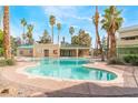 Community pool with lounge area surrounded by palm trees and lush landscaping offers a resort-style atmosphere at 1400 Jamielinn Ln # 104, Las Vegas, NV 89110