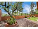 Serene backyard featuring rock landscaping, a low brick fence, mature trees, and a small patch of green turf at 900 Royal Plum Ln, Las Vegas, NV 89144