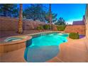 Inviting backyard pool and spa area, surrounded by lush desert landscaping and privacy walls at 1563 Cattle Ranch Pl, Henderson, NV 89002