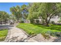 Landscaped backyard featuring lush green grass, manicured shrubbery, tall mature trees, and stone walkway at 1925 Grey Eagle St, Henderson, NV 89074