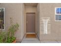 Home's front door has security features and is surrounded by a stucco wall and trim at 4992 W Moberly Ave, Las Vegas, NV 89139