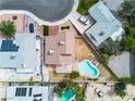 A bird's eye view of a home featuring a pool and neat landscaping, offering privacy at 7604 Charles Conrad Cir, Las Vegas, NV 89145