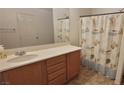 Well-lit bathroom featuring a single sink vanity with wood cabinets and a shower-tub combo with curtain at 8626 Anderson Dale Ave, Las Vegas, NV 89178