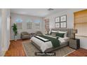 Bright, virtually staged bedroom with a plush bed, two chairs, and light-filled windows at 11247 Villa Trentino Ct, Las Vegas, NV 89141