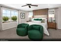 A relaxing bedroom featuring a large window, two green chairs, and decor accents at 9674 Biedler Ct # Lot 10, Las Vegas, NV 89178