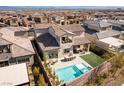 Aerial view of a home with a private backyard pool and patio area, perfect for outdoor entertaining at 421 Malpaso St, Las Vegas, NV 89138