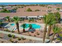 Aerial view of community pool and spa surrounded by lush palm trees and well-maintained landscaping at 653 Mountain Rdg, Mesquite, NV 89027