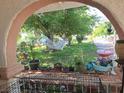 Inviting front porch with a view of the lush, landscaped yard featuring mature trees, a hammock, and charming decor at 4834 E Van Buren Ave, Las Vegas, NV 89110